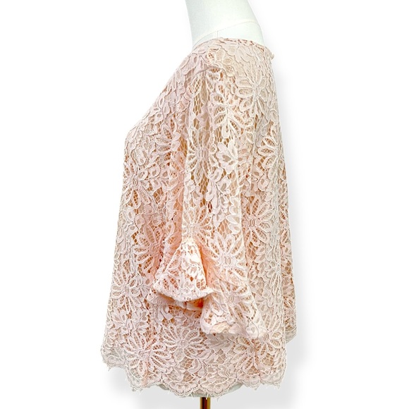 Nanette Lepore Floral Lace Crew Neck Bell Sleeve Top Shirt Large Light Pink - Picture 9 of 14